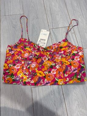 Zara Pink Floral Cropped Cami with Orange & Yellow Blooms